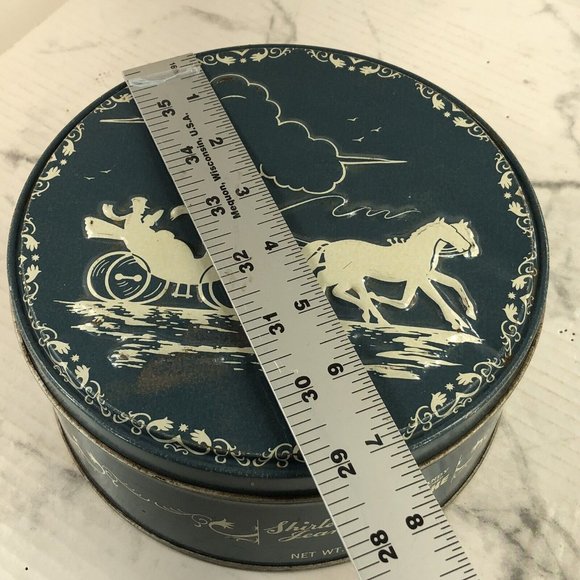 Shirley Jean Fruit Cake Tin Horse & Carriage Blue White Embossed lid Baltimore - Picture 9 of 10